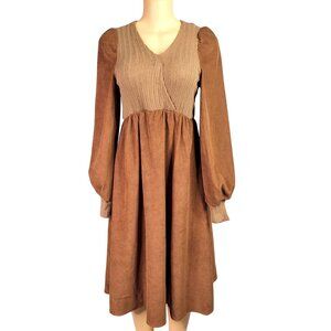 Vintage Inspired Rust Brown Peasant Midi Dress With Romantic Poet Sleeves S Boho